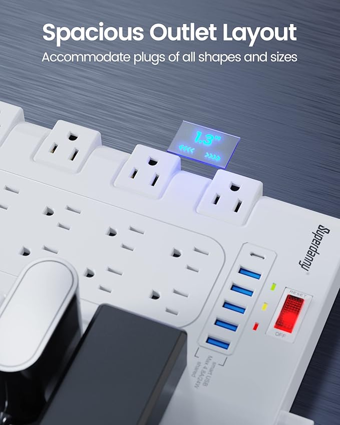 SUPERDANNY Power Strip Surge Protector with 22 AC Outlets and 6 USB Charging Ports, 6.5Ft Mountable Flat Plug Extension Cord (1875W/15A) for Home, Office, Dorm, Gaming Room, 2100 Joules, White