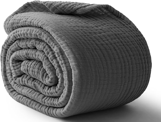 100% Cotton Muslin Blanket California King 120" x 90", 6 Layers Breathable and Lightweight Oversized Blankets for Bed, Soft Cooling Gauze Blanket for Adults All Season, Dark Grey