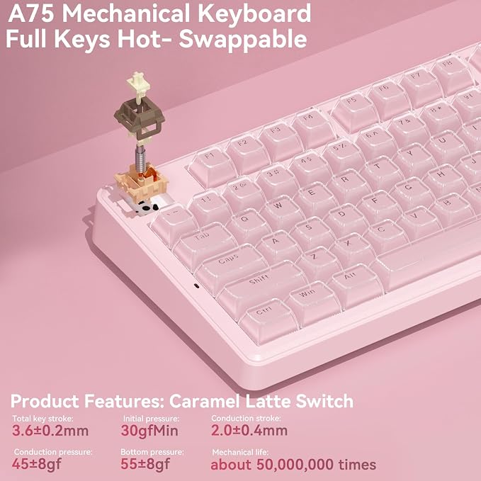 SOLAKAKA A75 Wireless Gaming Keyboard with Multifunction Knob, BT5.0/2.4GHz/USB-C, 75% Mechanical Keyboard, Hot-Swappable, Gasket Creamy Keyboard with RGB Backlit, Crystal Keycaps, for PC/Mac/PC