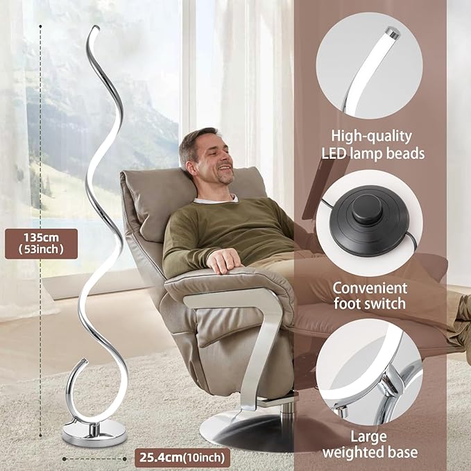 Spiral LED Floor Lamp for Living Room,40W Modern Floor Lamps with Remote Control, 3 Colors Stepless Dimmable Floor Standing Lamp Reading Corner Floor Tall Lamp for Bedroom Office - Chrome