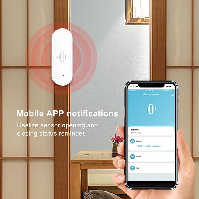 WiFi Vibration Sensor: Smart Door Window Sensor with App Alerts, Wireless Glass Break Detector, Adjustable Sensitivity, Compatible with Alexa Google Home (4Pack)