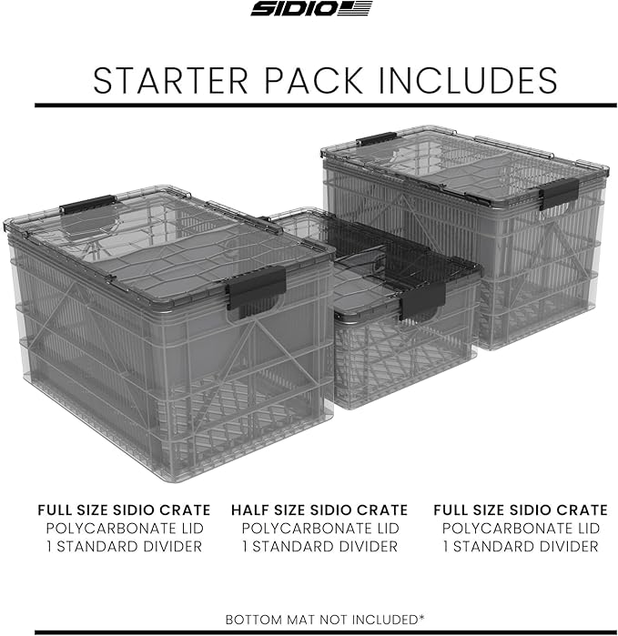 SIDIO CRATE Starter Pack - Two Full Size and One Half Size SidioCrate, Stackable Outdoor Organizer Storage Bins with Clear Lid and Dividers - Clear
