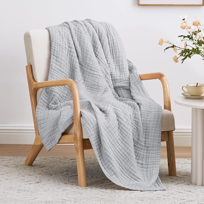 Love's cabin 100% Cotton Muslin Blanket, 6 Layer Lightweight Breathable Gauze Twin Size Blanket 60 x 80 Inches, Soft Summer Blanket for Bed or Couch, Light Grey