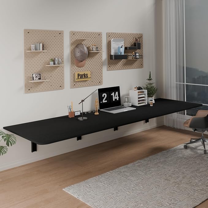 IAE 72x22in Floating Fold Desk,Wall-Mounted Folding Computer Table,Black | Study Table with Shelf Brackets,Foldable Down Shelf with Engineered Wood,Fold Computer Desk for Small Apartment,Holds 518 lb