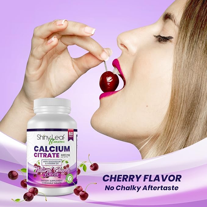 Shiny Leaf Bariatric Calcium Citrate Chews - 600mg, with Vitamin D 3 Plus Magnesium - Chewable Supplements for Women and Men, Bariatric Patients Vitamins for Bone and Joints Health, 180 Count, Cherry