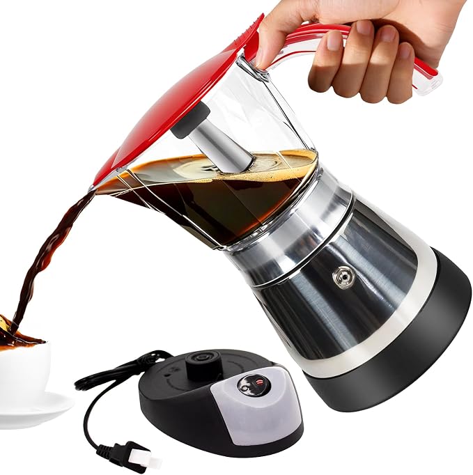 Electric Plastic Clear Moka Pot 3-6 Cup 150-300ml Mocha Pot | Stainless Steel Espresso Maker with Detachable Base Ideal Coffee Maker for Home Italian and Cuban Café Coffeemaker Red