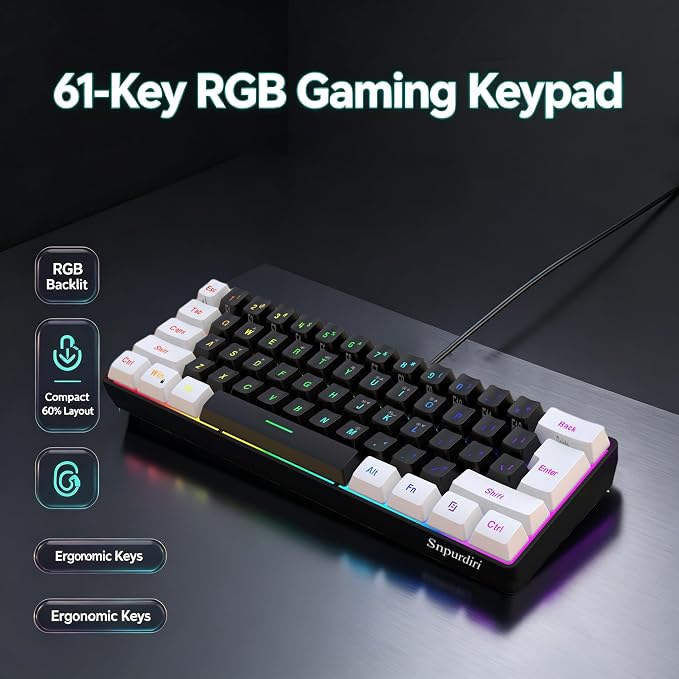 Snpurdiri 60% Wired Gaming Keyboard, Small RGB Backlit Membrane Gaming Keyboard, Ultra-Compact Mini Waterproof Keyboard for PC Computer Gamer White and Black | Backlit Small Membrane Gaming Keyboard for PC Computer Gamer