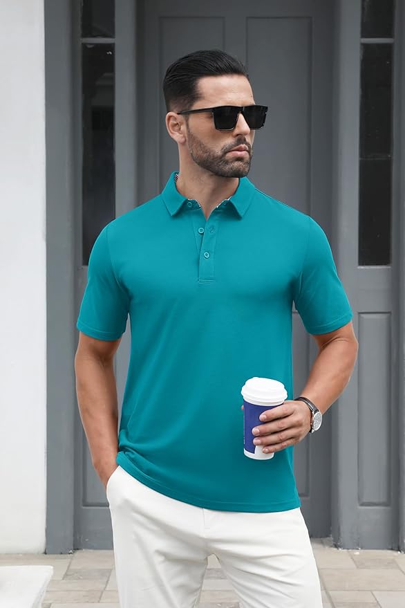 MAGCOMSEN Men's Polo Shirts Short Sleeve Cotton Pique 3 Button Classic Fit Casual T-Shirt Performance Golf Shirts