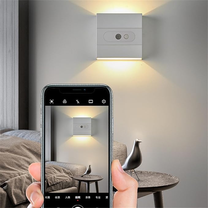 Wall Lights with Motion Sensor Indoor LED Modern Wall Lamp Brightness Adjustable Wall Sconce Recargables USB Con Batería Lighting Fixtures for Living Room Bedroom Corridor (Warm Light,Black)