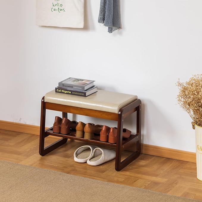 latifolia Solid Wood Bench, Entryway Shoe Bench with Cushion, Flip-Open Storage Compartment, 2-Tier Shoe Organizer(Grey,21.65''L)
