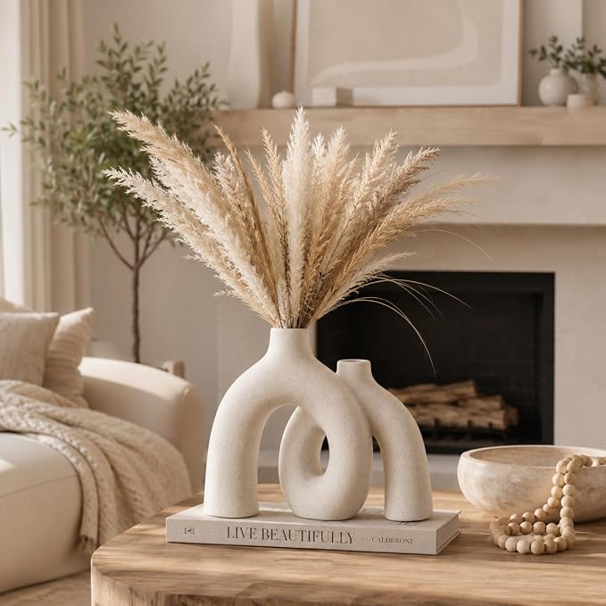 Cream White Decorative Vase Set - Modern Hug Donut Ceramic Vases by JAS & JAX GOODS, Minimalist Boho Style Centerpiece for Console Table, Living Room, Bookshelf, or Fireplace Mantel