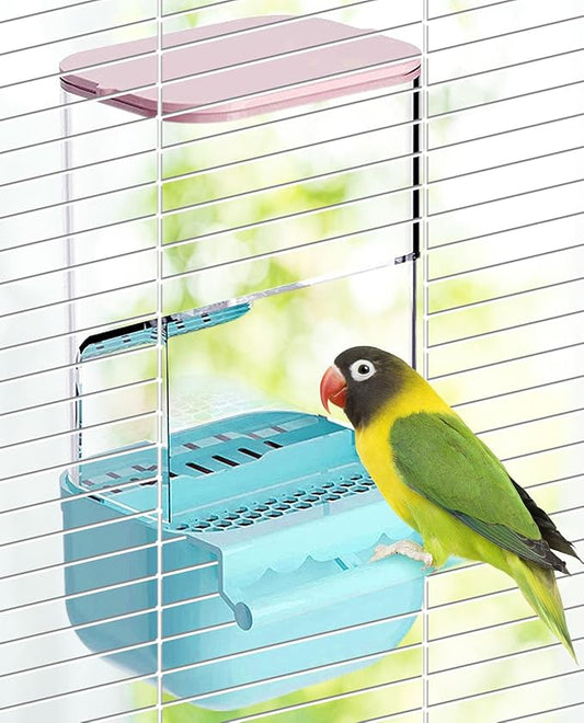 BNOSDM No Mess Bird Cage Feeders Automatic Bird Feeder Parrot Cage Accessories Transparent Seed Food Container with Perch for Finches, Parakeets, Budgies, Lovebirds, Cockatoos, Canaries (Blue)