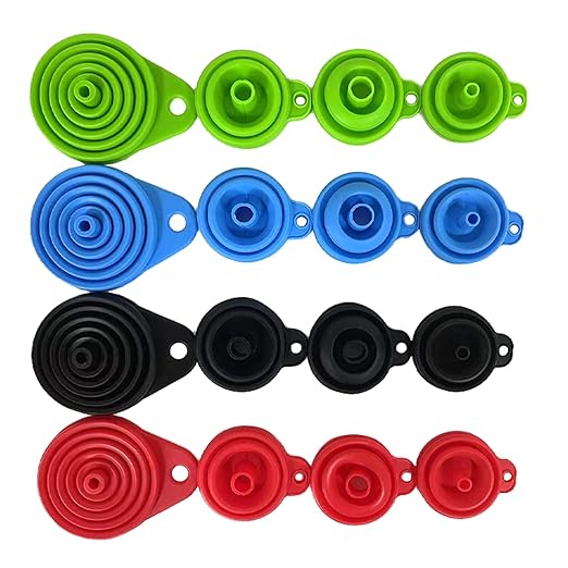 Set of 4 Silicone Collapsible Kitchen Funnel - X-Small to Large Sizes for Easy Liquid Transfer Food Grade Silicone Collapsible Gadgets (Multicolor)