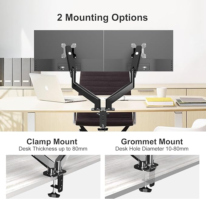 AEONS Dual Monitor Stand up to 32 inches Screen, Load-Bearing Max 22 lbs Each Gas Spring Pneumatic Arm, Adjustable Dual Monitor Mount, Max VESA 100x100mm, Black