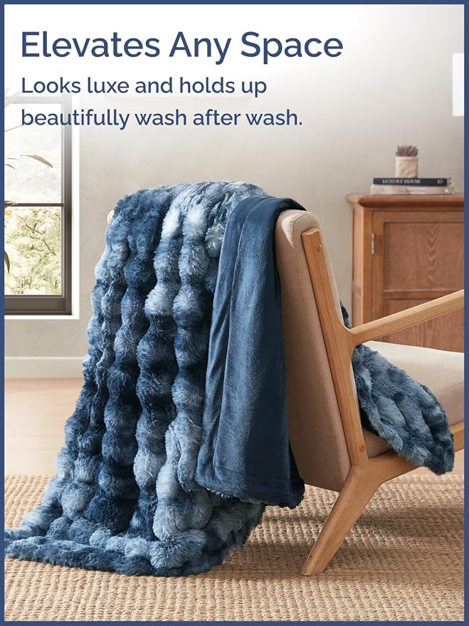 3D Fleece Bubble Blanket Queen - Rabbit Blanket - 90" x 90", Marble Blue | Soft Fluffy Faux Fur Blanket for Couch Sofa & Chair, Cozy Gifts for Women, Tie Dye Cloud Throw Bed Cover, Thick Plush Bedding