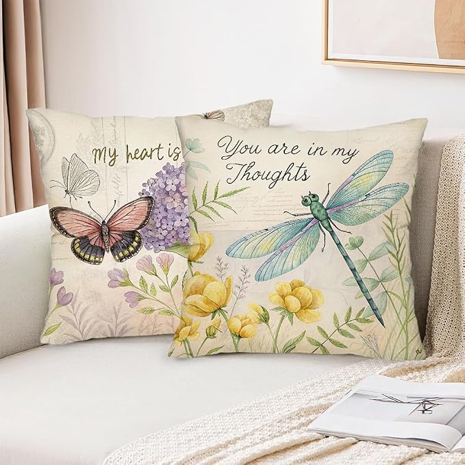 wyooxoo Throw Pillow Covers 20x20 Set of 4 Spring Summer Pillow Covers Linen Flower Butterfly Farmhouse Pillowcases for Sofa Couch Living Room Outdoor