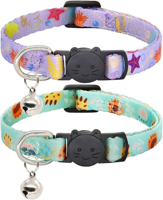 Cat Collar, 2 Pack Breakaway Collar with Bells, Safety Buckle Kitten Collars for Boy and Girl Cats, Purple + Teal
