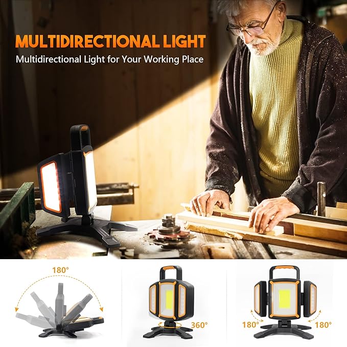30W Rechargeable Work Light, 3000 Lumen Magnetic Work Light Battery Powered, Waterproof Portable Cordless Job Site Lighting for Construction Site, Workshop, Garage, Camping, and Car Repairing