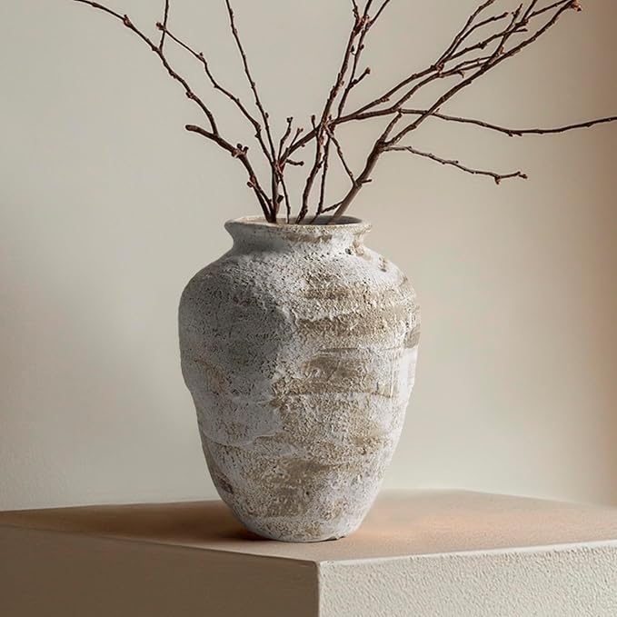 DIF DECO Ceramic Farmhouse Vase Rustic Decor,Pottery Decorative Flower Vases for Home Decor,Boho Vase for Table, Living Room,Bathroom,Shelf,Mantel Decoration,7.7 inch