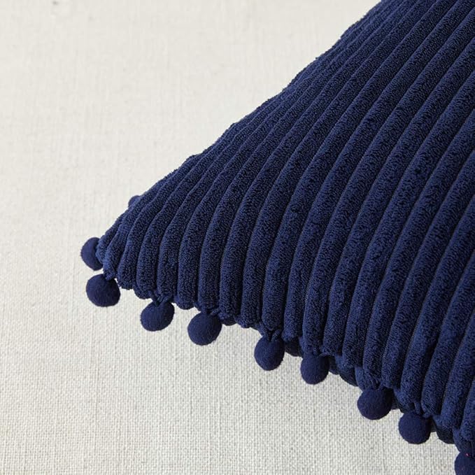 Fancy Homi Pack of 2 Corduroy Soft Decorative Throw Pillow Covers with Pom-poms, Solid Square Cushion Case Pillow Cases Set for Couch Sofa Bedroom Car Living Room (20x20 Inch/50x50 cm, Navy Blue)