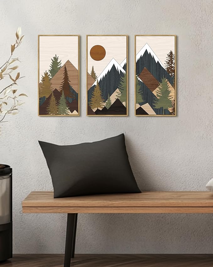 KUVIOKE Wooden Mountains Range Landscape Wall Art Framed Tree Nature Wall Decor Farmhouse Rustic Prints Kitchen Living Room Ready to Hang 8x16in3pcs Natural Framed