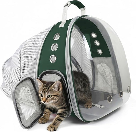 Cat Backpack Carrier, Back Expandable Pet Backpack with Bubble Window, Airline Approved Pet Travel Bag for Small/Medium Cats & Puppies, Hiking, Camping, Outdoor Use (Green)