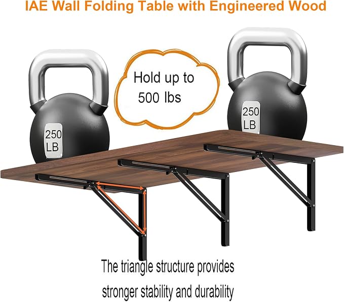 IAE 55x22in Floating Fold Desk,Wall-Mounted Folding Computer Table,Walnut | Study Table with Shelf Brackets,Foldable Down Shelf with Engineered Wood,Fold Computer Desk for Small Apartment,Holds 512 lb