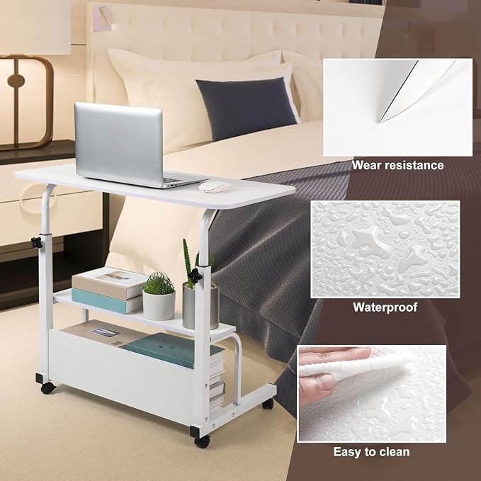 Adjustable Height Mobile Computer Desk for Small Space Rolling Writing with Wheels Corner Home Office Study Portable Bedrooms Work Desk Standing Table Sizes 31.5X15.7 Inches White