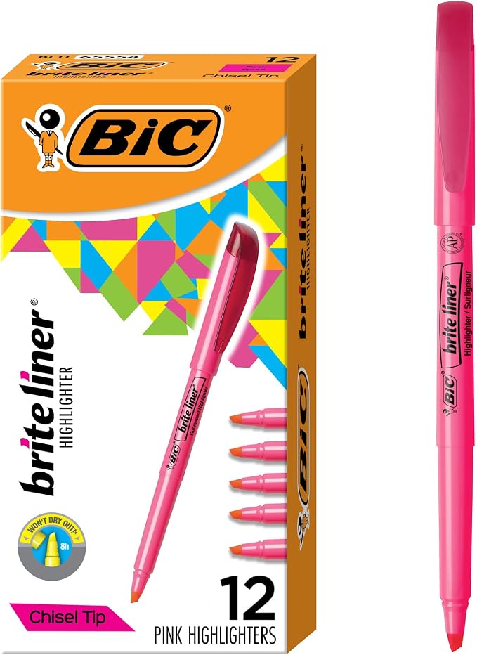BIC Brite Liner Highlighters, Chisel Tip, 12-Count Pink Set for Organizing