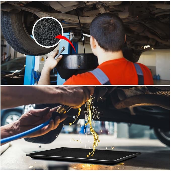 Uiifan 1 Set 27'' x 20''x 1.4'' Oil Drain Drip Pan for Car with Square No Splatter Pad Oil Drip Tray with Mat for Under Car Transmission Garage Automotive Driveway to Keep Floor Clean, Black