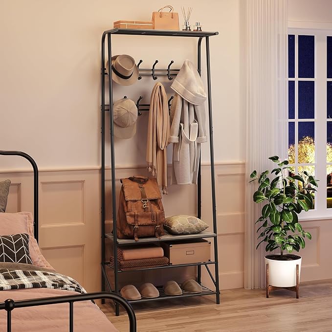 OUTLANE Entryway Hall Tree with 10 Hooks, Shoe Bench & Storage Shelf, Coat Rack Organizer with Wood Accents and Metal Frame for Entryway, Living Room, Bedroom, Gray-Double row