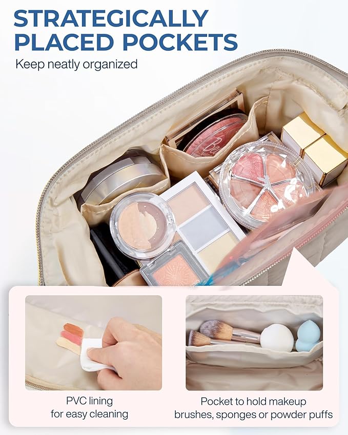 BAGSMART Makeup Bag Travel Toiletry Bag, Wide-open Zipper Pouch, Greige | Puffy Padded, Travel Essentials, Make Up Bag, For Women, Makeup Organizer, Toiletries Accessories Brushes