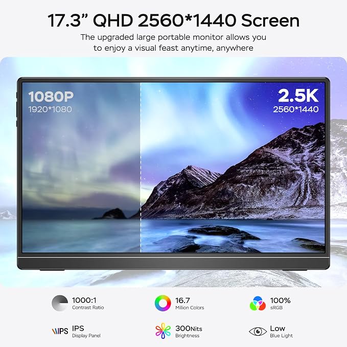 MNN 17.3" QHD 165Hz USB-C HDMI Gaming Monitor | 17.3" QHD 165Hz IPS 100% sRGB, USB-C/HDMI, kickstand, slim metal, travel gaming for PC/Phone/PS5/Xbox.