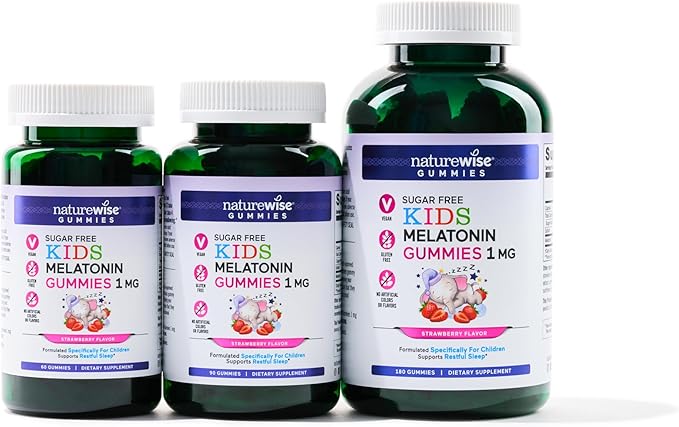 NatureWise Kids Melatonin 1 mg Sugar-Free Gummies for Children Ages 4 & Up - Non-Habit Forming Sleep Aid - Strawberry Flavored - Vegan, No Gluten, Non-GMO - 90 Count[3-Month Supply]
