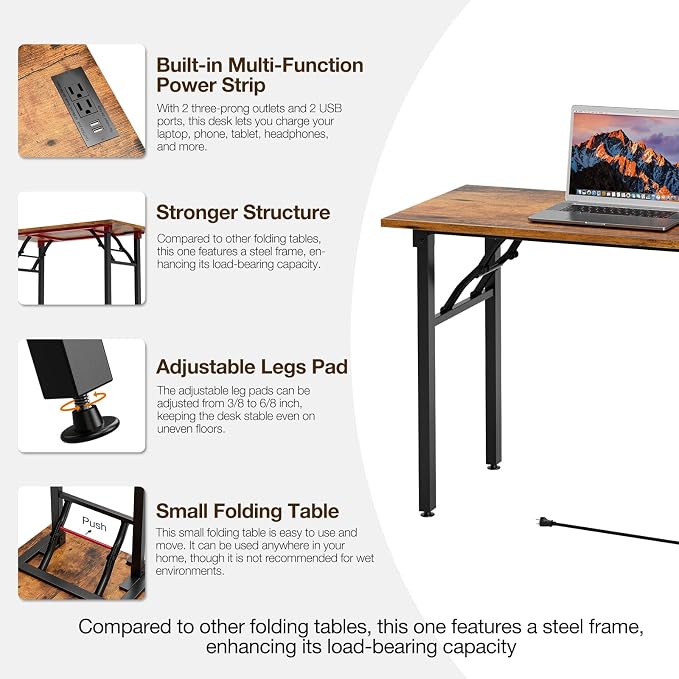 1TEMI Long Computer Desk Folding Table - No Assembly, Compact 55.1" Foldable Desk with Power Outlets & USB Charging Port, Portable Lagre Office Desk, Ideal Large Study Table for Narrow Spaces, Brown