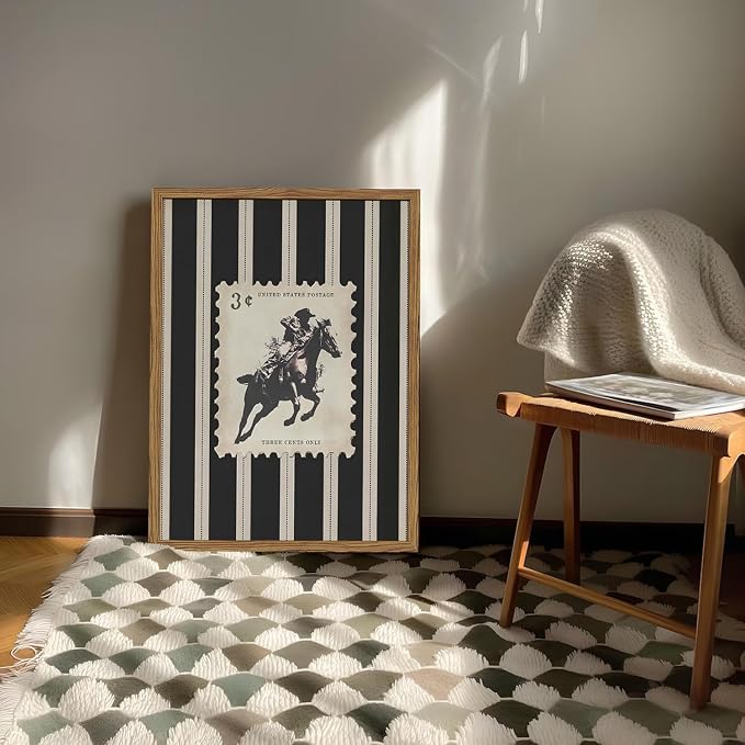 Vintage Western Cowboy Wall Art Black and White Striped Cowboy Riding Horse Wall Decor Paintings Mid Century Rodeo Southwestern Poster Canvas Print for Bedroom Living Room 12x16 inch Wood Framed