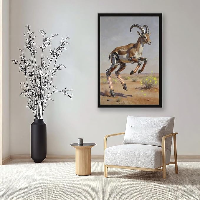 Framed Steampunk Mechanical Antelope Wall Art - Desert Futuristic Poster for Loft Living Room Decor 08x12in