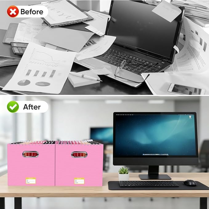 BALEINE File Organizer Box, Cardboard File Folder Organizer with Handle for Letter Size, Portable Collapsible Hanging Filing Box for Home Office Document Storage (2 Pack, Large Pink)