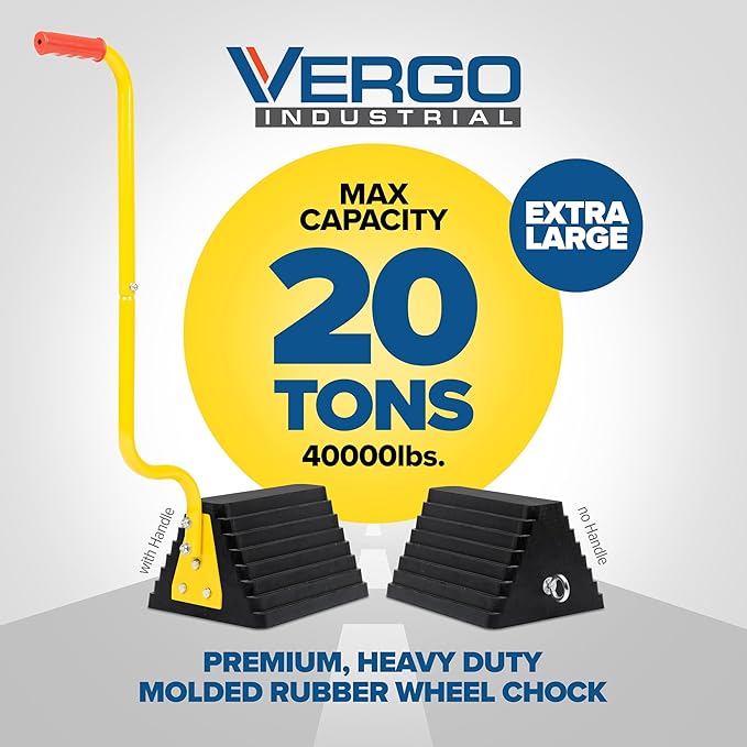 Vergo Industrial Extra Large Wheel Chock 2-Pack - Heavy Duty Molded Rubber XL Wheel Chock for Trucks, Trailers, RVs or Large Freight Equipment - Max Weight Capacity 20 Tons / 40,000 lbs (No Handle)
