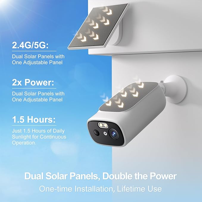 2K Solar Camera Outdoor Wireless-5/2.4Ghz WiFi Cameras for Home Security, AI Motion Detection, Color Night Vision, SD Card/Cloud Storage, Waterproof, Compatible with Alexa/Google Home (2 Cameras)