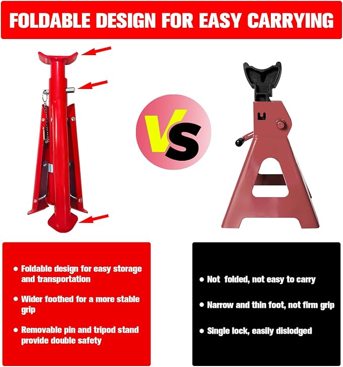 YATOINTO Foldable Jack Stands 3 Ton (6,600 LBs), 11.42"-16.06" Adjustable Height with Mobility Safety Pin,Car Jack Stand for Home&Garage, Workshops,Lifting SUV, Pickup Truck,UTV/ATV, Red, 1 Pair