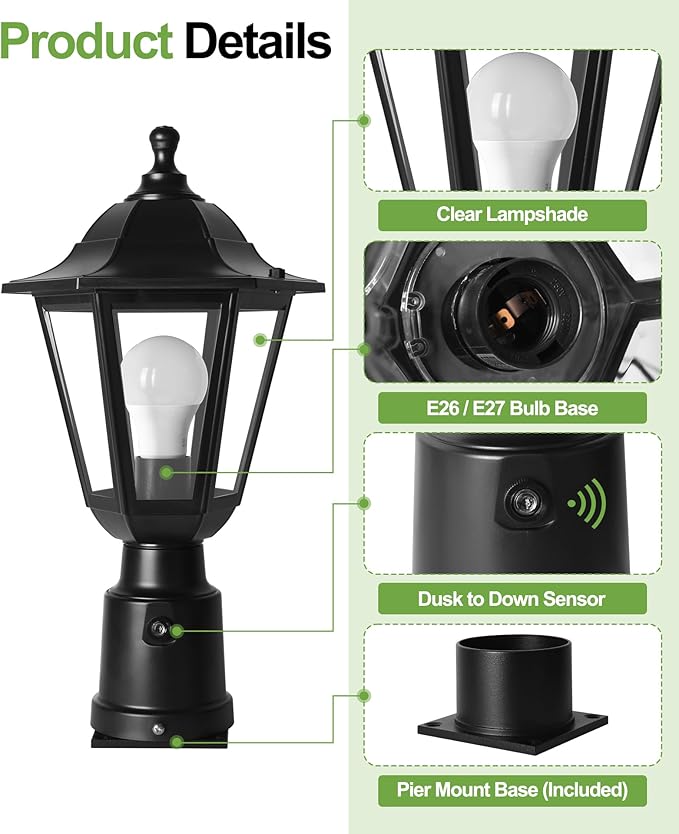 FUDESY Dusk to Dawn Sensor Outdoor Post Light, Waterproof Pole Lantern with Pier Mount Base, Exterior Plastic Lamp Light Fixture, for Garden, Patio, Pathway, Black, Bulb Included