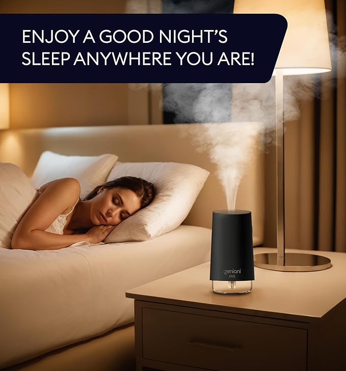 GENIANI Portable Small Cool Mist Humidifier – USB Powered (Not Rechargeable), Compact Desktop Humidifier for Plants, Office, Baby Room – Auto Shut Off & Night Light – Black, 0.25L