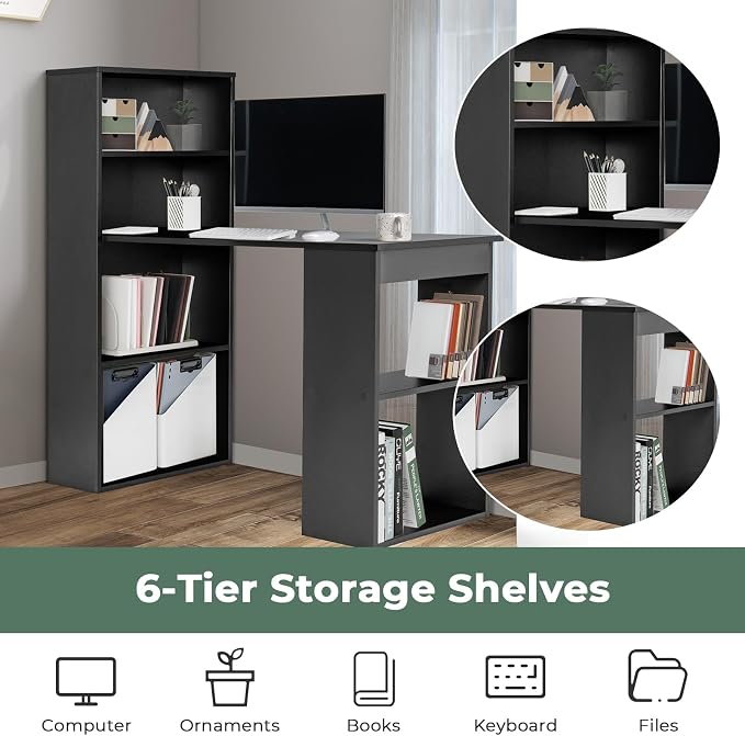 GRAFFY Computer Desk with 6 Storage Shelves - 48" Reversible Writing Desk Workstation with Bookshelf and CPU Stand, Modern Compact Office Desk for Bedroom, Study, Home, Office (Black)