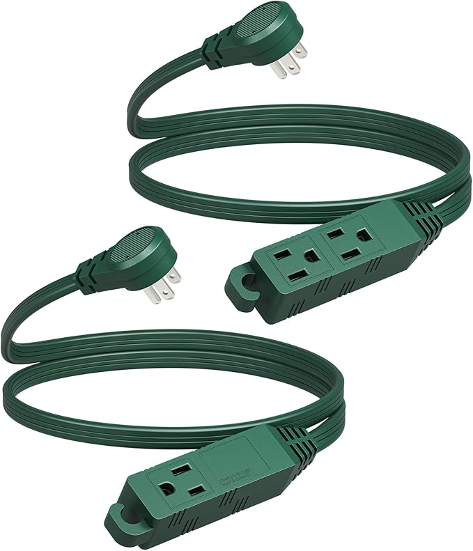 DEWENWILS 3 Outlet Flat Extension Cord Plug Christmas, 3FT 16/3 Awg Grounded Power Cable for Indoor Use, SPT-3 Cord, Green, ETL Listed, 2 Pack