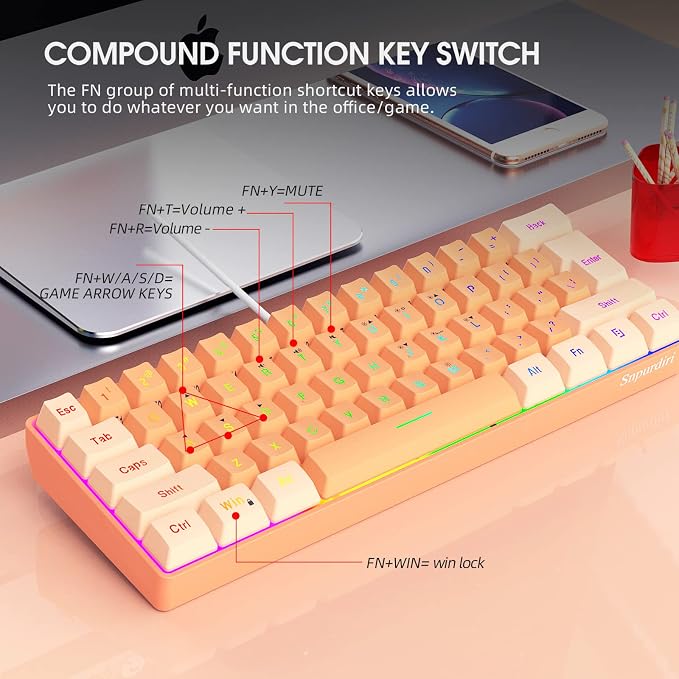 Snpurdiri 60% Wired Gaming Keyboard, RGB Backlit Ultra-Compact Mini Gaming Keyboard for PC/Mac Gamer, Typist, Travel (Cream and Orange) | Backlit Ultra-Compact Mini Gaming Keyboard for PC/Mac Gamer, Typist, Travel
