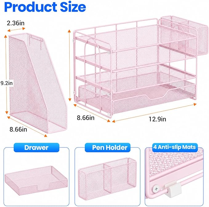 OPNICE Desk Organizers and Accessories, 4-Tier Desktop File Organizer with Drawer and Pen Holders, Office Desk Accessories Workspace Organizers for Office Supplies (Pink)