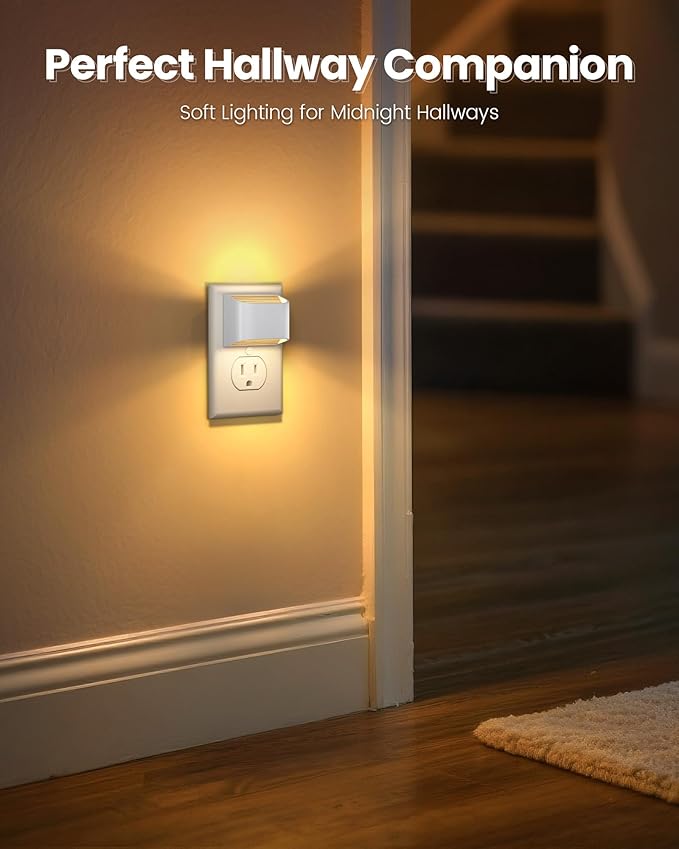 NIORSUN Plug in Night Light, Auto Brightness Sensor Night Light, 3000K Warm White, Ultra-Slim Wall Light for Hallway Bathroom Bedroom Stairs, White, 2 Pack