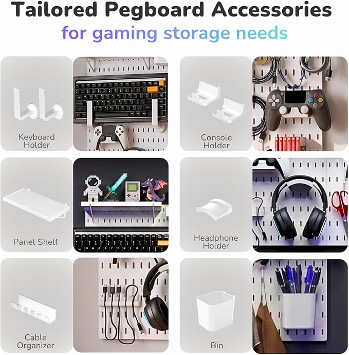 Keepo Peg Board Wall Organizer for Gaming Setup, Pegboard with Adhesives & Screw Mounts, Includes Peg Board Accessories for Gaming Accessories, Tech Storage & Office Organization (White, 22″×22″)