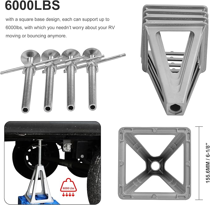 Aluminum RV Stabilizer Jacks 4 Pack with Additional Screw Nuts, Screw Jack Stands, Stabilize and Level RV Trailer Camper, Support up to 6,000 lbs